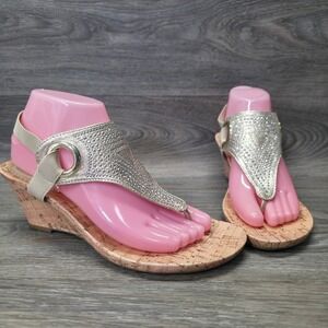Rialto Allison Wedge Sandals Womens 8.5M Gold‎ Embellished Slingback Wedge Cork